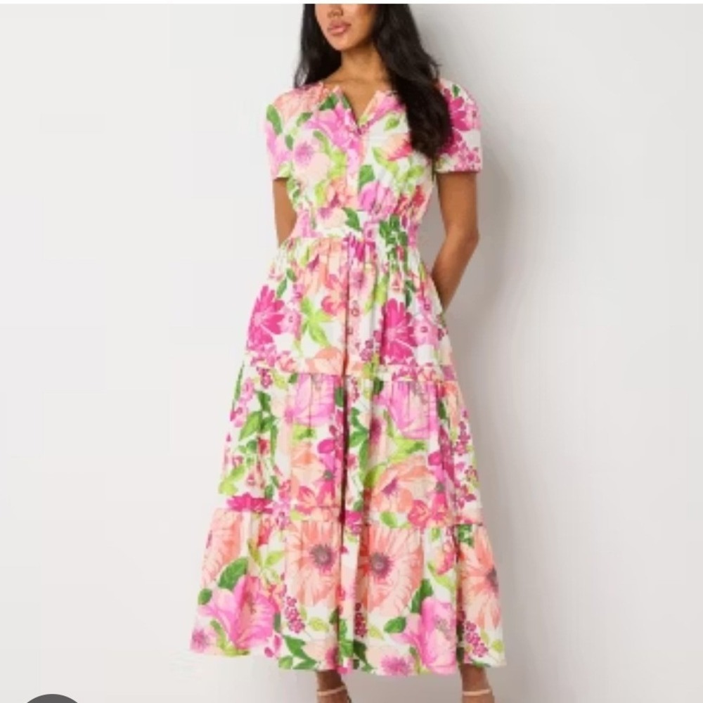 BE BY CHETTA B Floral Maxi Dress Ivory Pink Green Short Sleeve Smocked Waist XS‎
